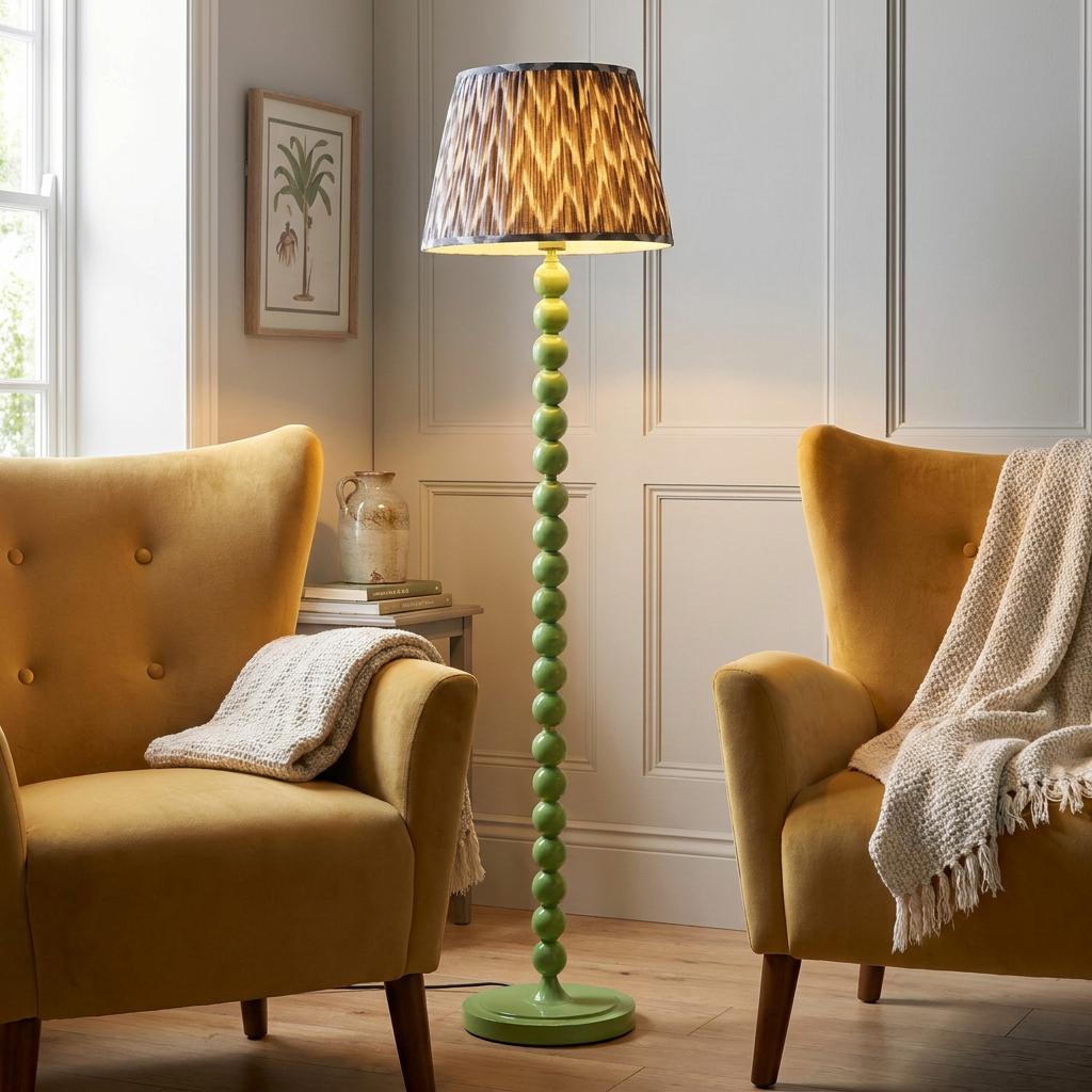 Green bobbin floor lamp with a zigzag patterned shade positioned between two yellow velvet armchairs.
