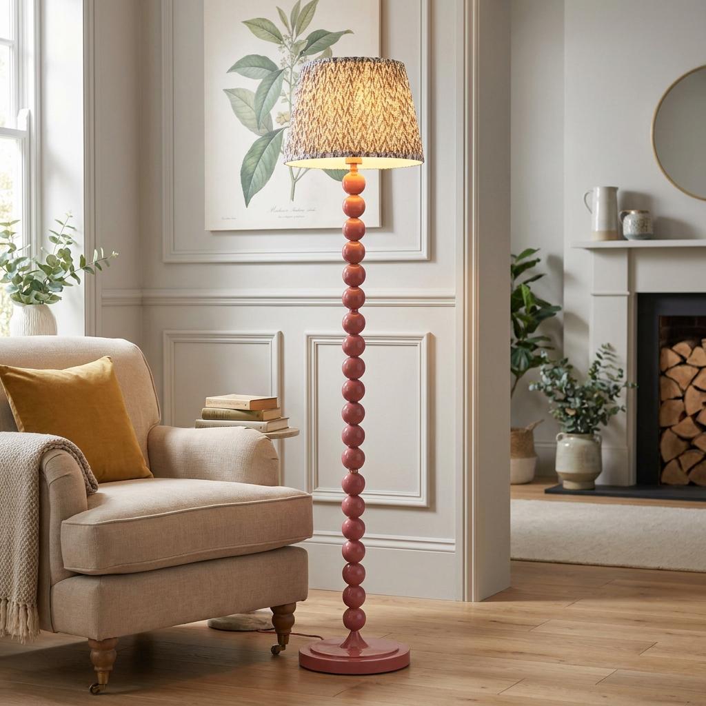 Higgledy pink bobbin floor lamp with a leaf-patterned pearl grey shade in a cozy living room next to an armchair.