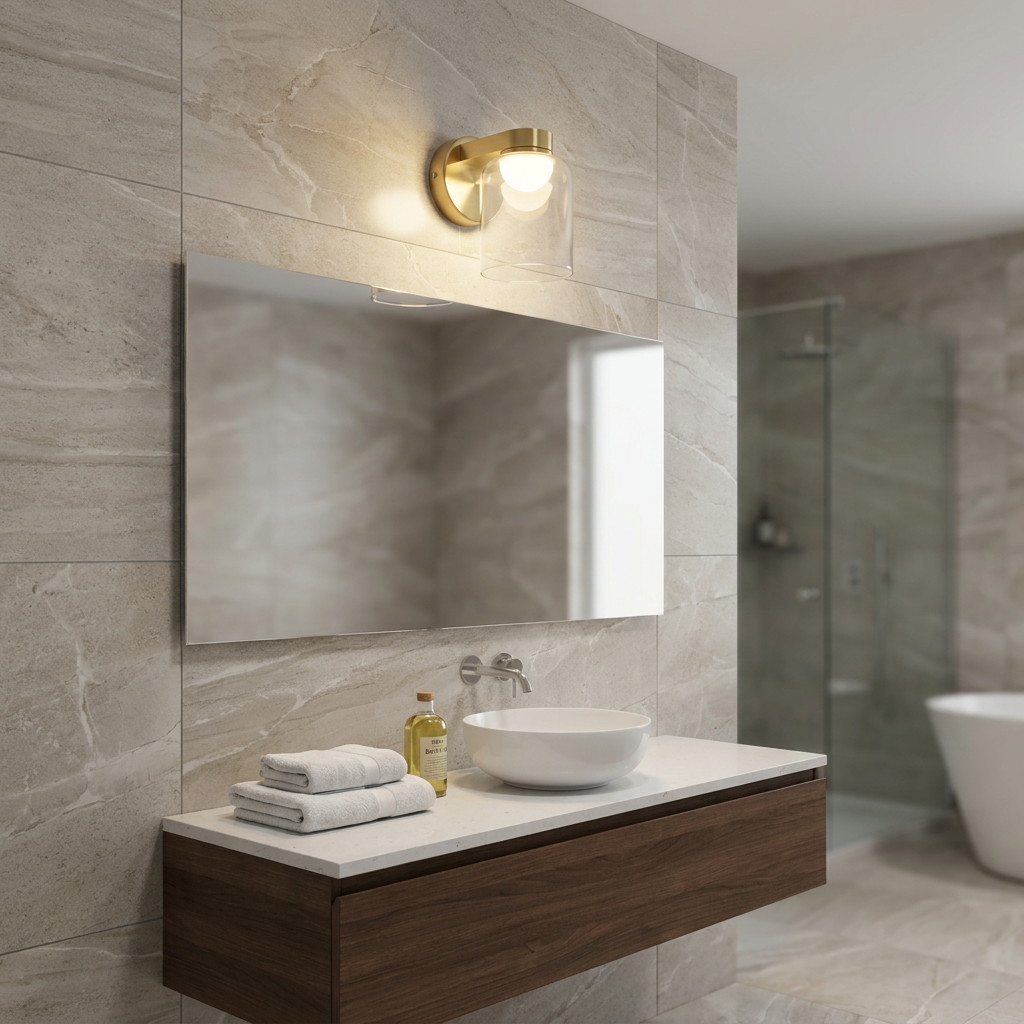 Satin brass LED wall light with a clear glass shade mounted above a bathroom mirror in a modern tiled bathroom.