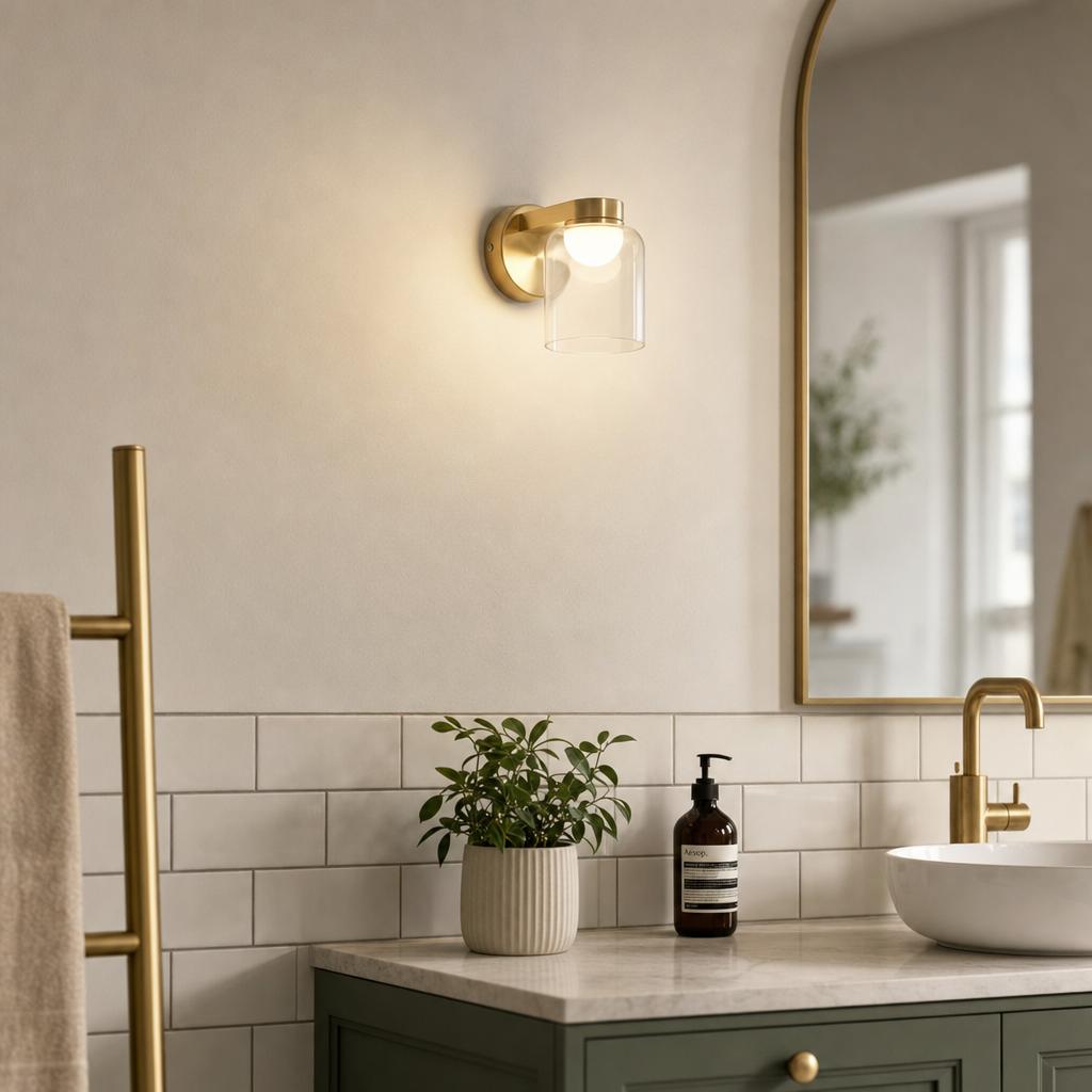 Satin brass LED wall light with a clear glass shade illuminating a modern bathroom vanity with a marble countertop.