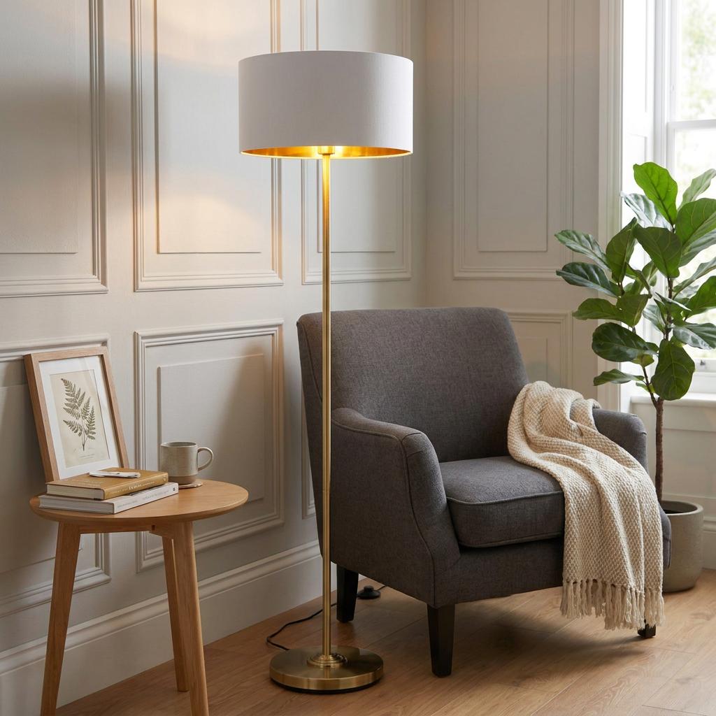 Highclere antique brass floor lamp with a white shade illuminating a cozy reading nook with a grey armchair.