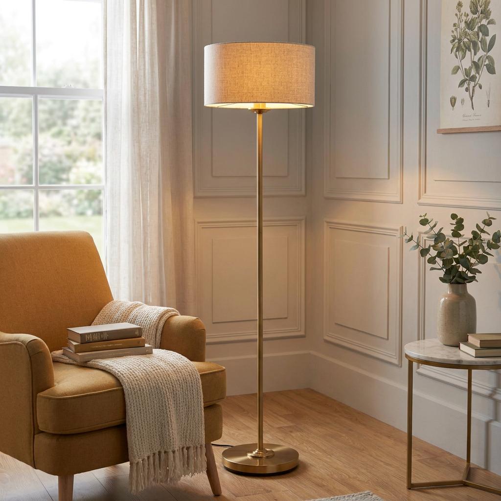 Brass floor lamp with a natural linen shade in a cozy living room corner beside a yellow armchair.