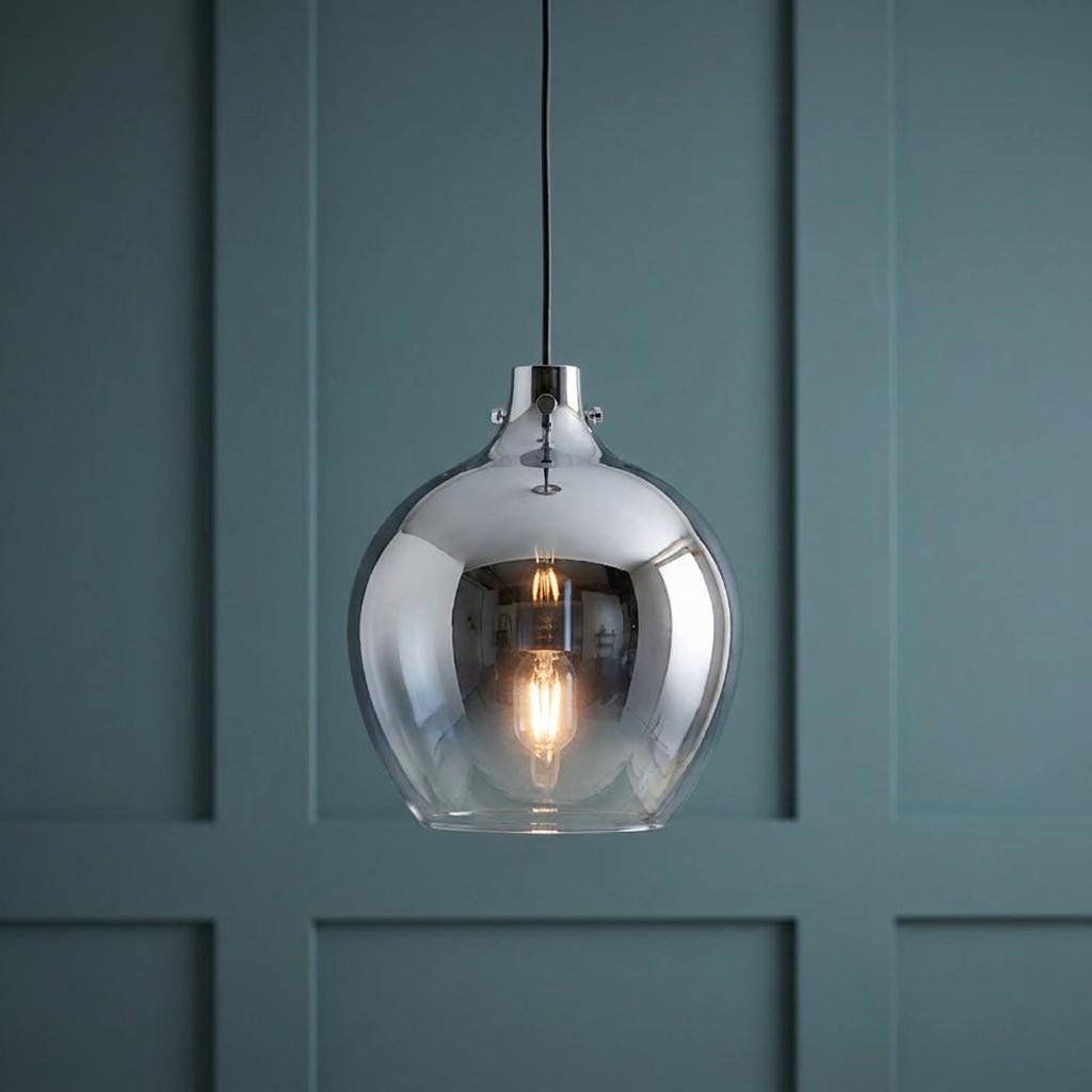 Nickel ceiling pendant with a metallic ombre glass shade and lit bulb against a teal paneled wall.