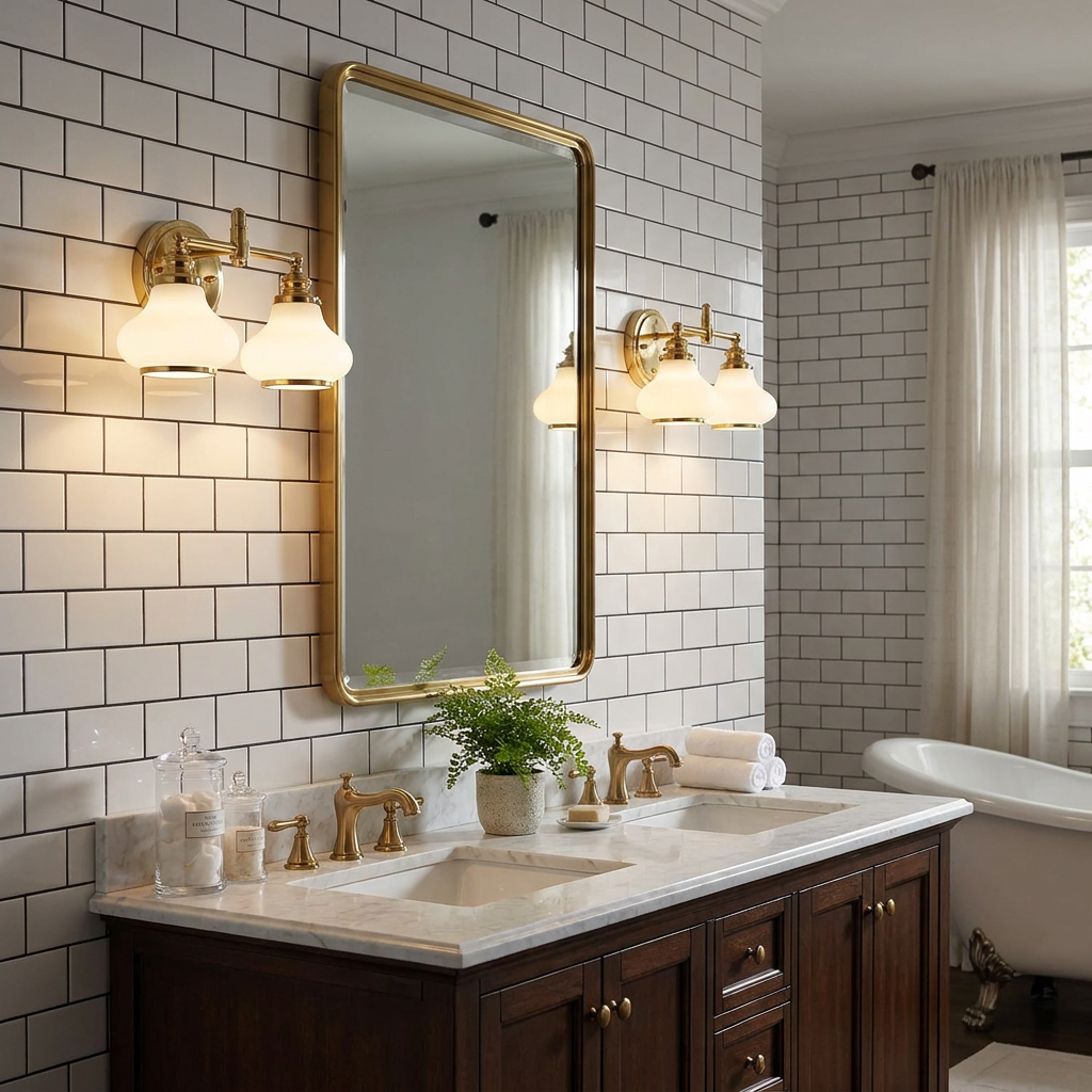 Hinkley Ainsley brass wall lights with frosted glass shades flanking a mirror in a white subway tiled bathroom.