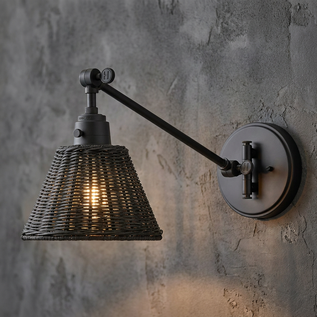 Hinkley Arti wall light featuring a black rattan woven shade and adjustable arm on a grey textured wall.
