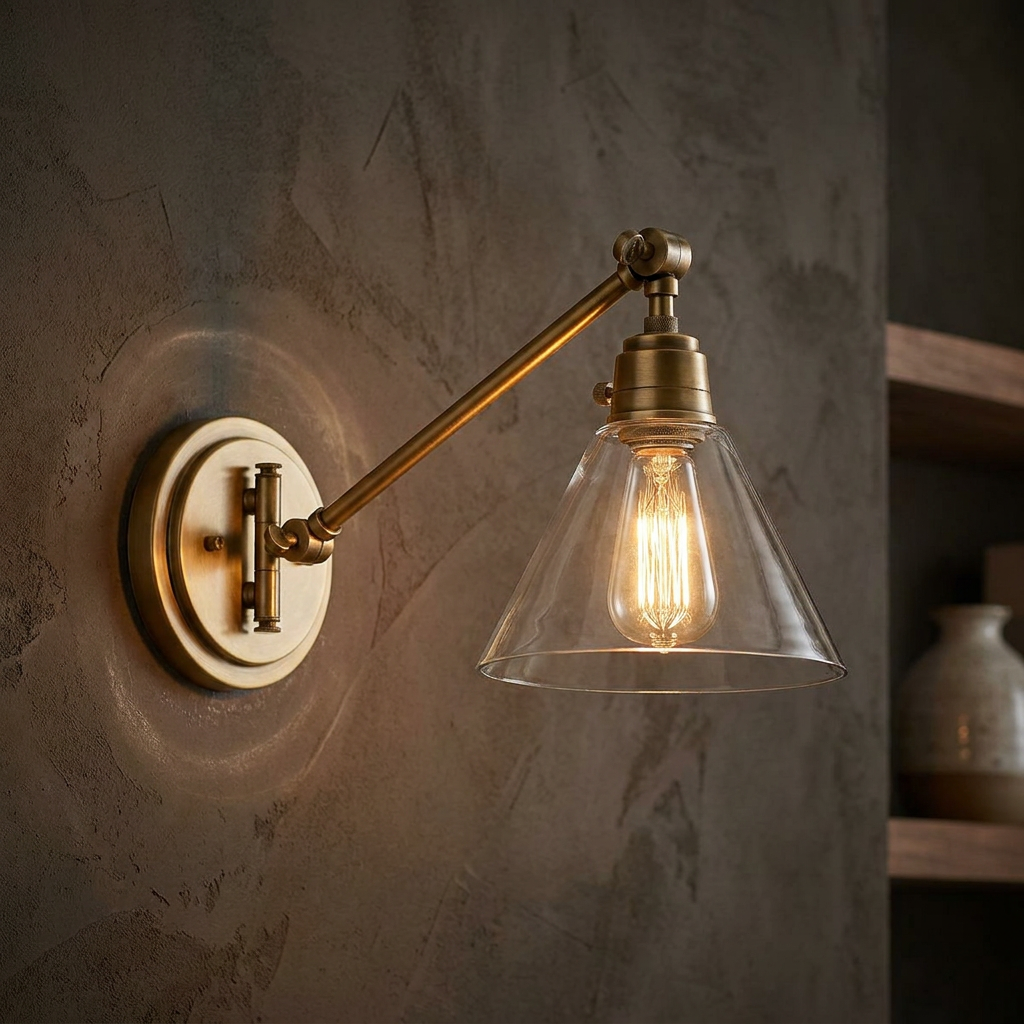 Brass swing arm wall light with clear glass shade and warm Edison bulb mounted on a textured wall.