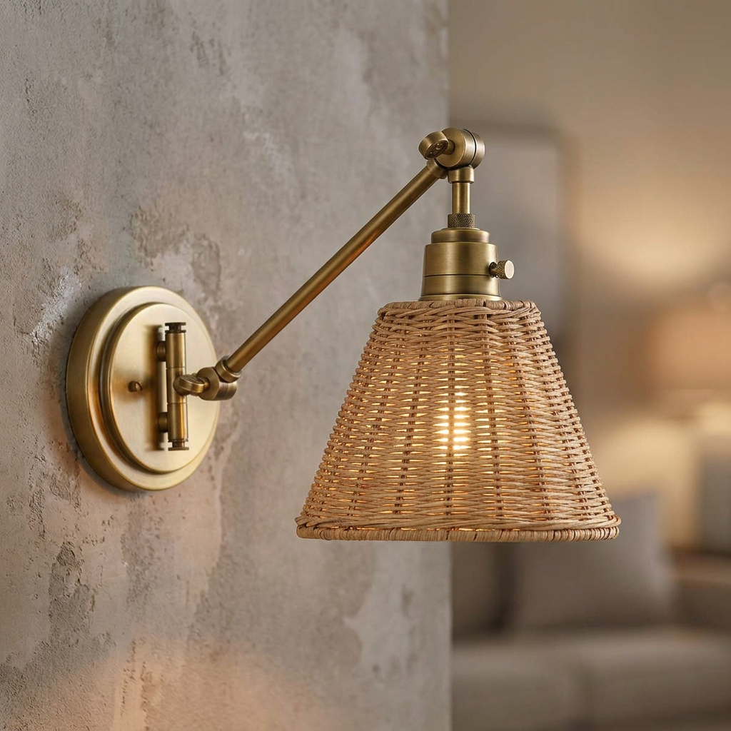 Hinkley Arti brass wall light with a woven rattan shade mounted on a textured grey wall.