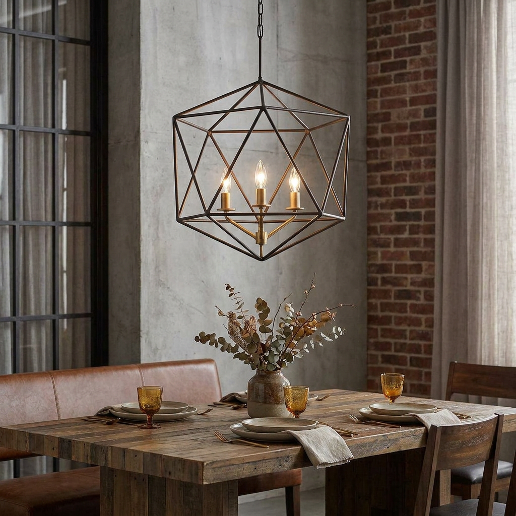 Geometric matte bronze pendant chandelier with three lights hanging above a rustic wooden dining table.