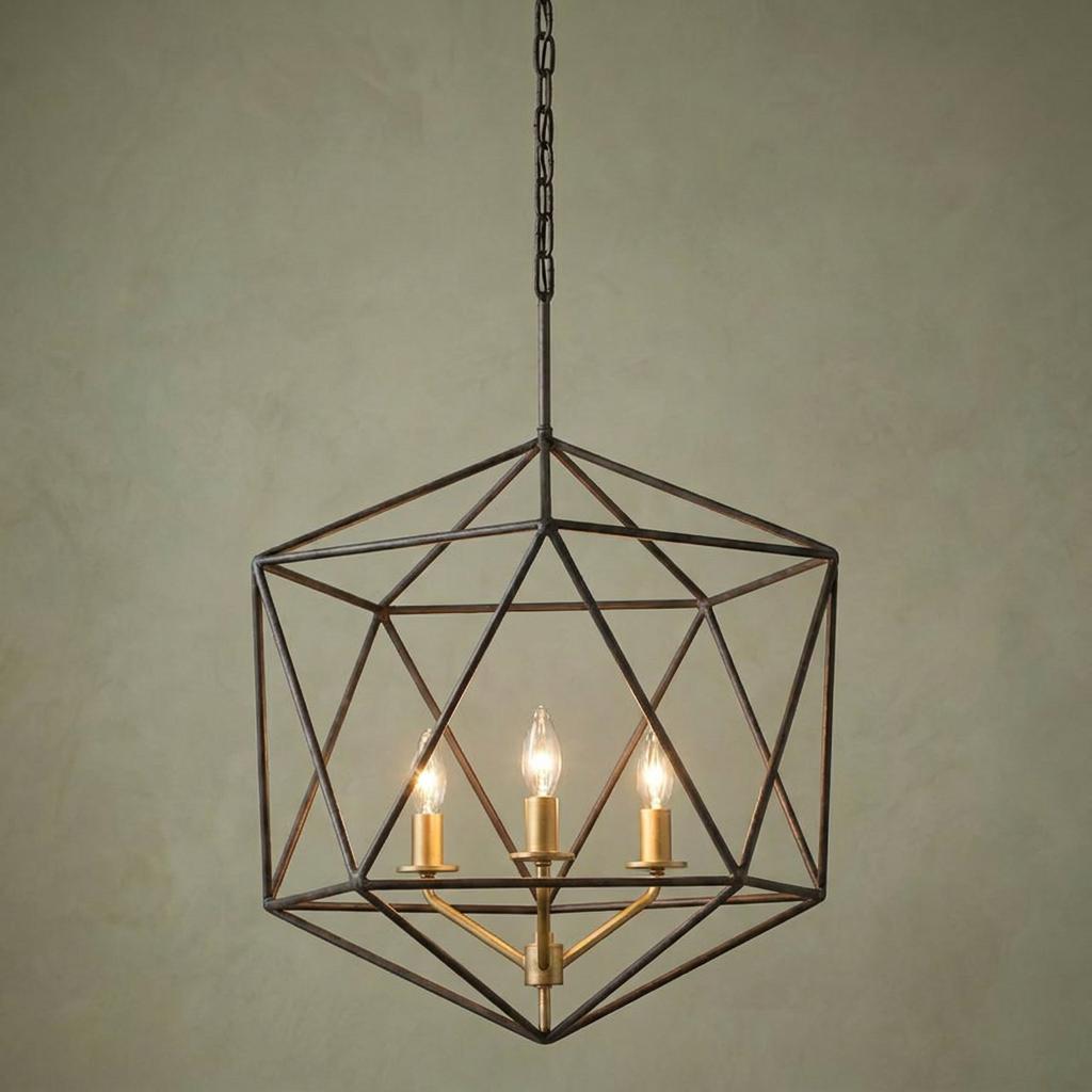 Geometric matte bronze 3-light pendant chandelier with an icosahedron frame and candelabra bulbs.