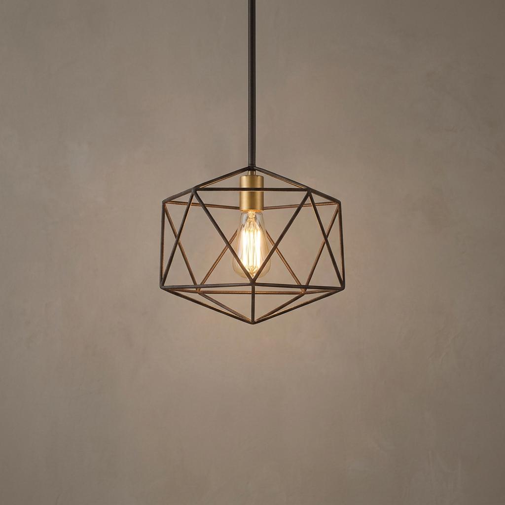 Geometric matte bronze pendant light with an open wire cage and warm glowing Edison bulb against a neutral wall.