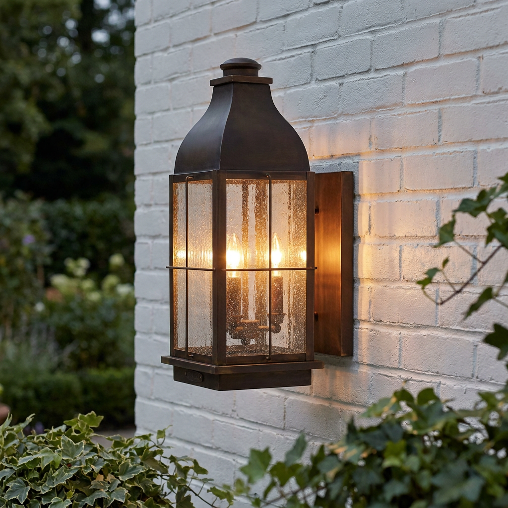 Bronze outdoor wall lantern with seeded glass and glowing candle bulbs mounted on a white brick wall.