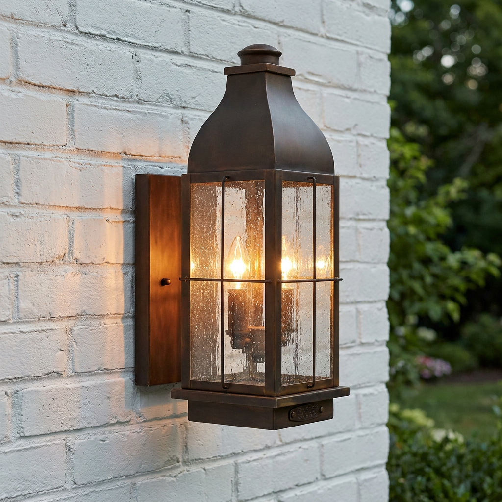 Traditional bronze lantern with seeded glass and warm glowing bulbs mounted on a white brick exterior wall.