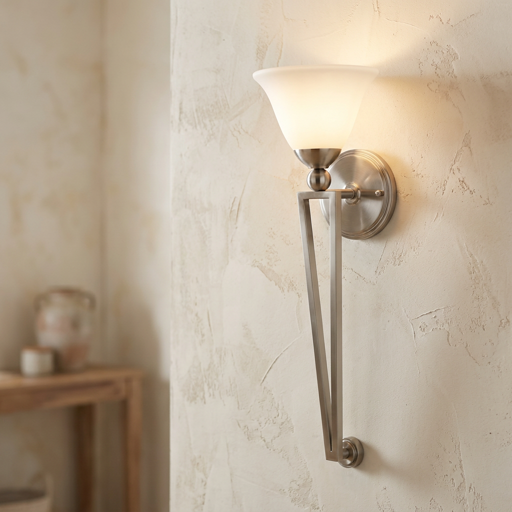 Hinkley Bolla brushed nickel wall torchiere with a frosted glass shade glowing on a textured cream wall.