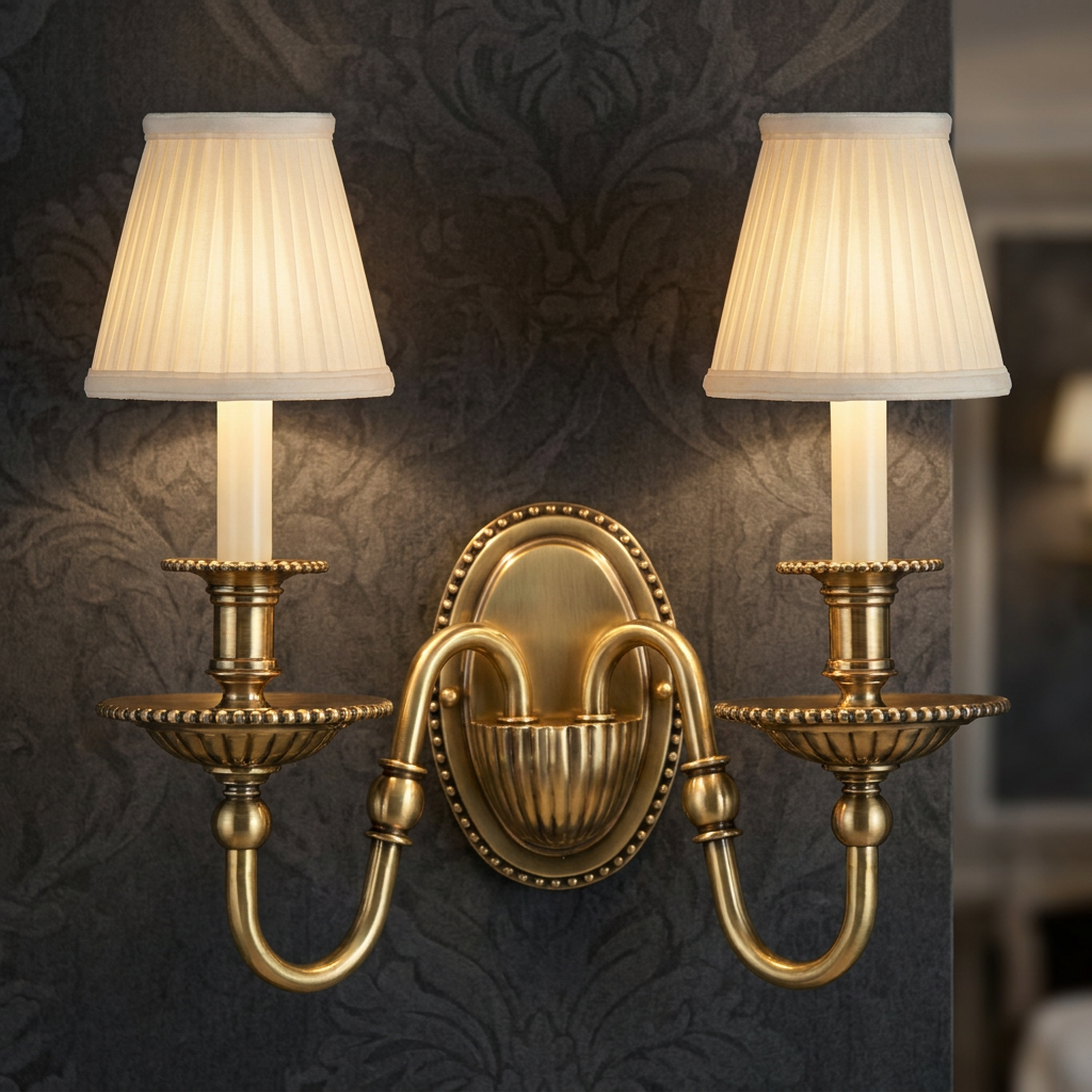 Hinkley Cambridge 2-lamp solid brass wall light with pleated cream shades on a dark patterned wall.