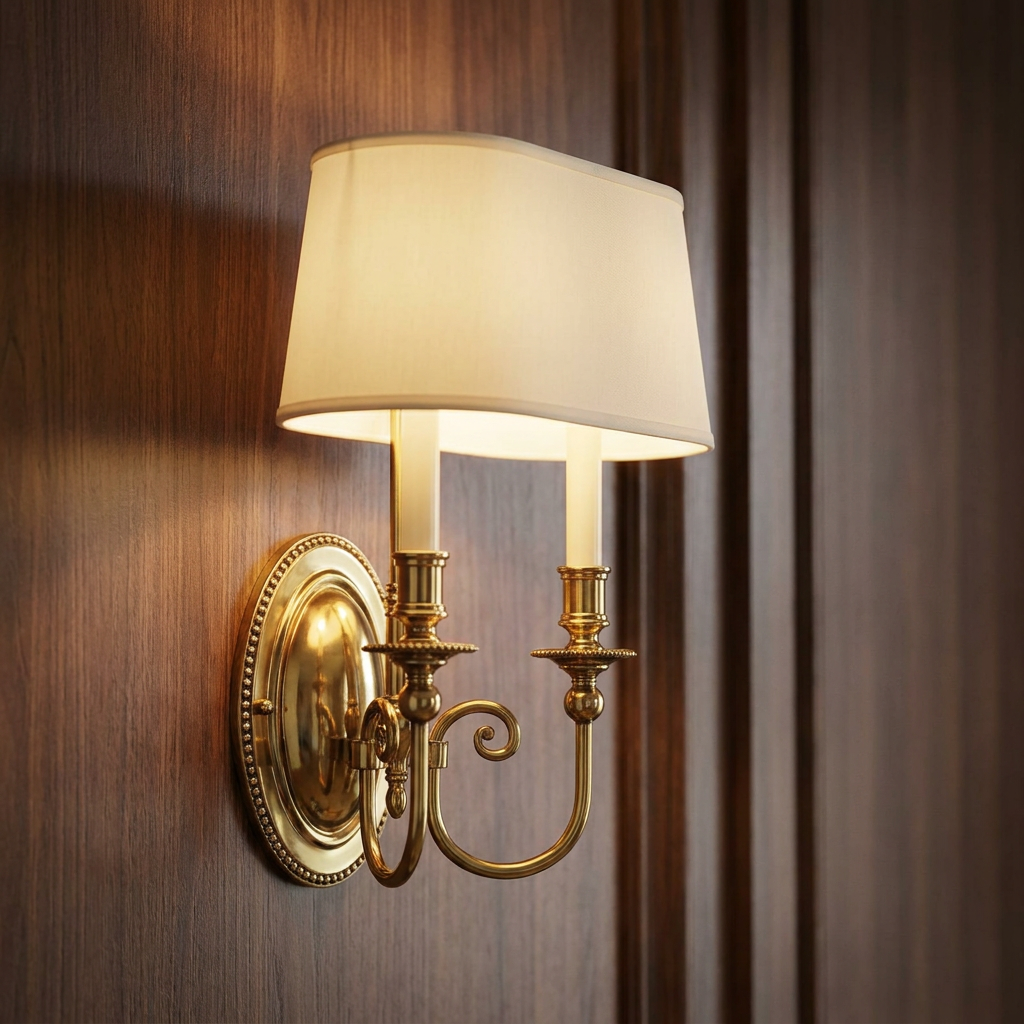 A brass two-light wall sconce with a white fabric shade, illuminated against a dark wood-paneled wall.