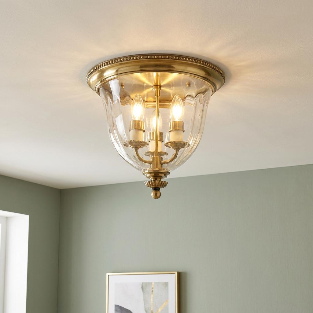 Traditional brass 3-light flush mount ceiling light with a clear glass bowl shade and warm candle-style bulbs.