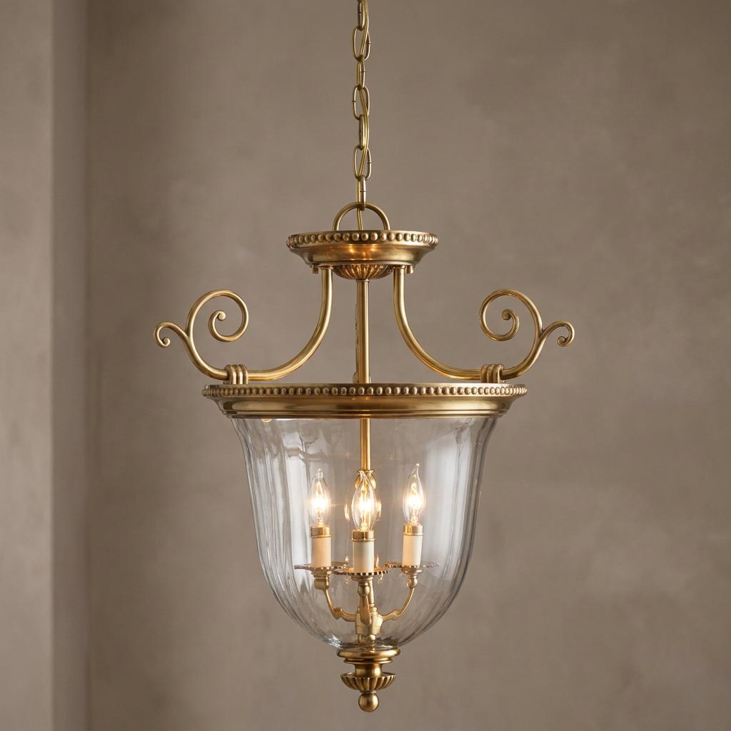 Solid brass ceiling lantern with elegant scrollwork and a clear glass shade, featuring internal candle-style lights.