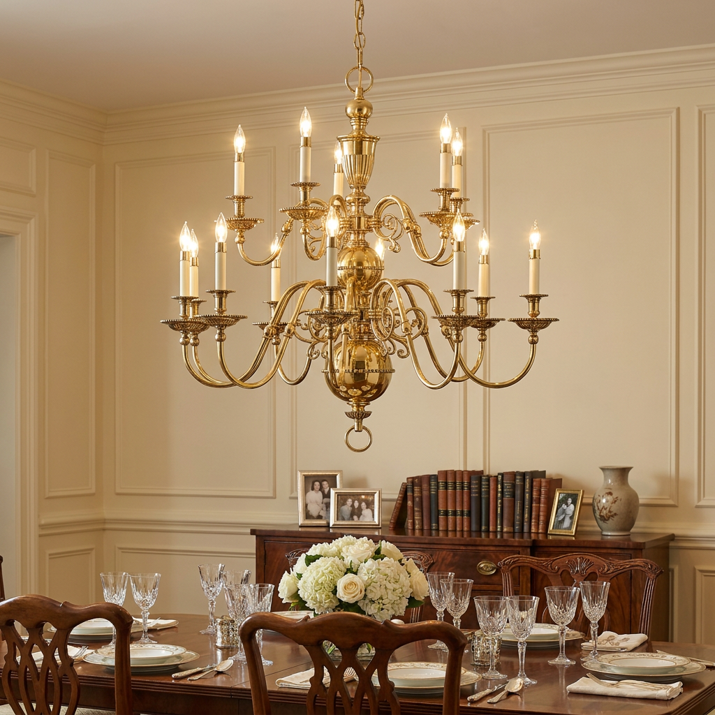 Ornate 15-light solid brass chandelier illuminating a formal dining room with an elegant table setting.