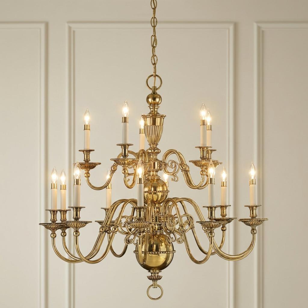 Traditional Hinkley Cambridge 15-light solid brass chandelier with candle-style bulbs against a paneled wall.