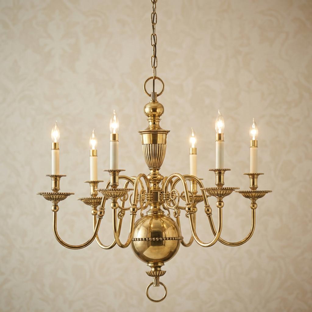 Hinkley Cambridge 6-light solid brass chandelier with candle-style bulbs and elegant scrolled arms.