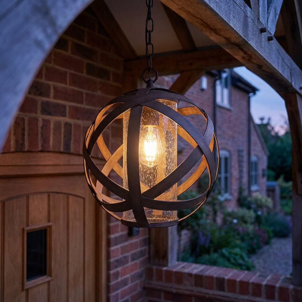 Spherical iron pendant light with seeded glass hanging from a rustic wooden porch at dusk.