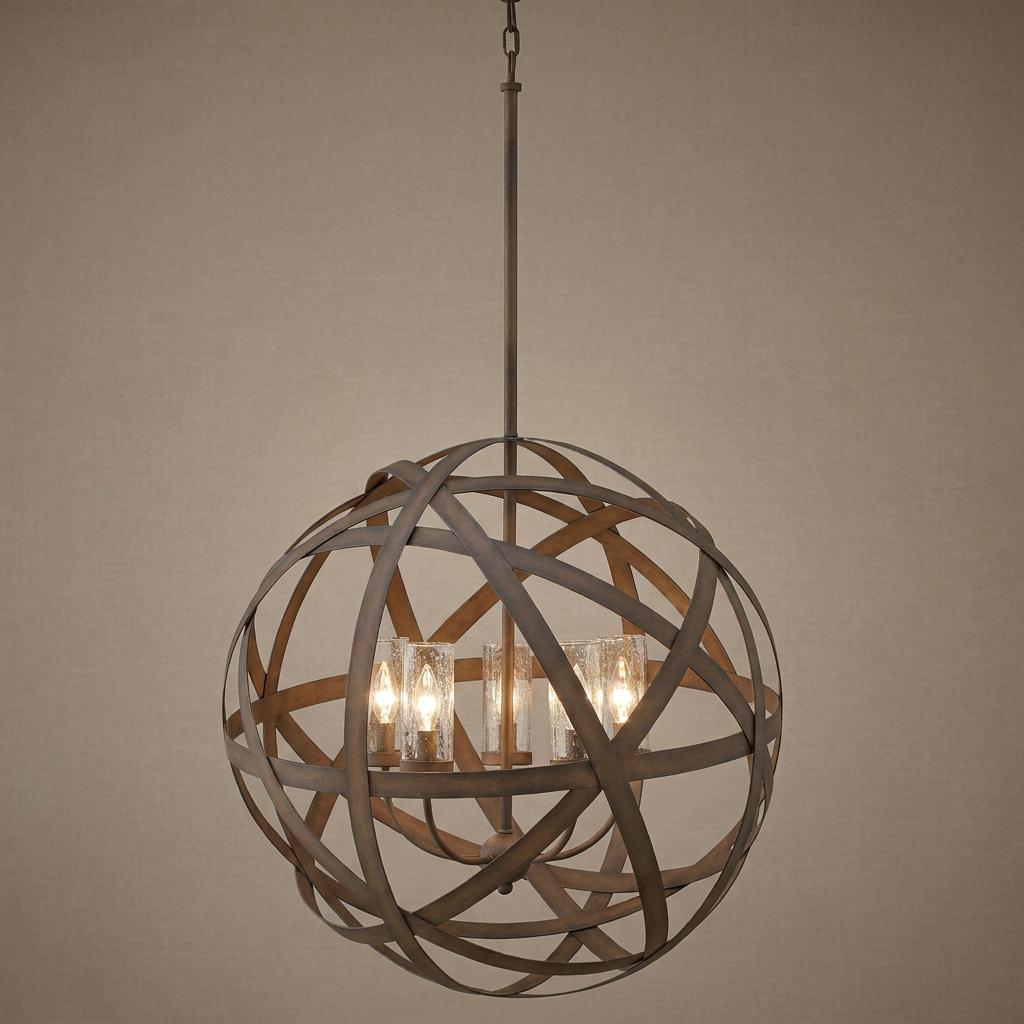 Large iron orb outdoor pendant with five lights in clear seeded glass shades against a neutral wall.