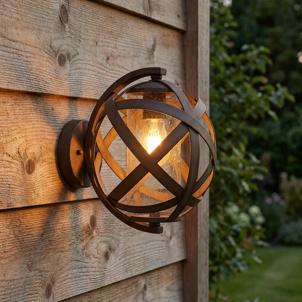 Hinkley Carson vintage iron outdoor wall light with a spherical metal cage and seeded glass on a wooden wall.