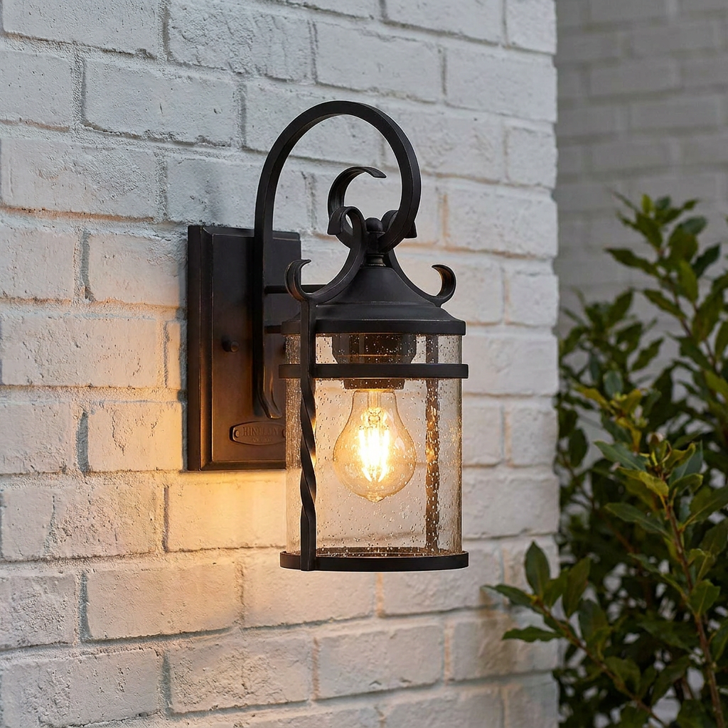 A black scroll-style outdoor lantern with seeded glass and a warm glowing bulb mounted on a white brick wall.