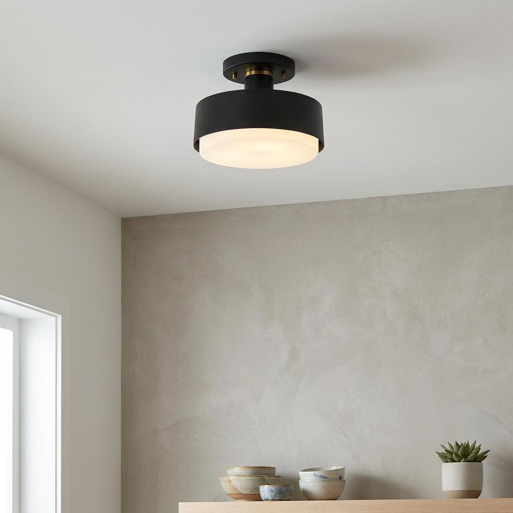 Hinkley Cedric medium black semi-flush ceiling light with an opal glass diffuser in a modern interior.
