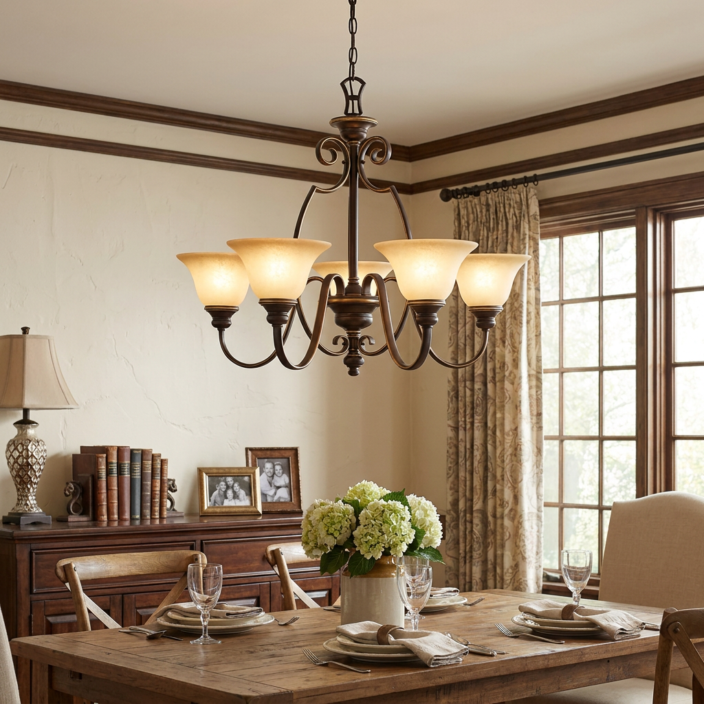 Hinkley Cello antique bronze 6-light chandelier with warm glass shades over a traditional dining table.