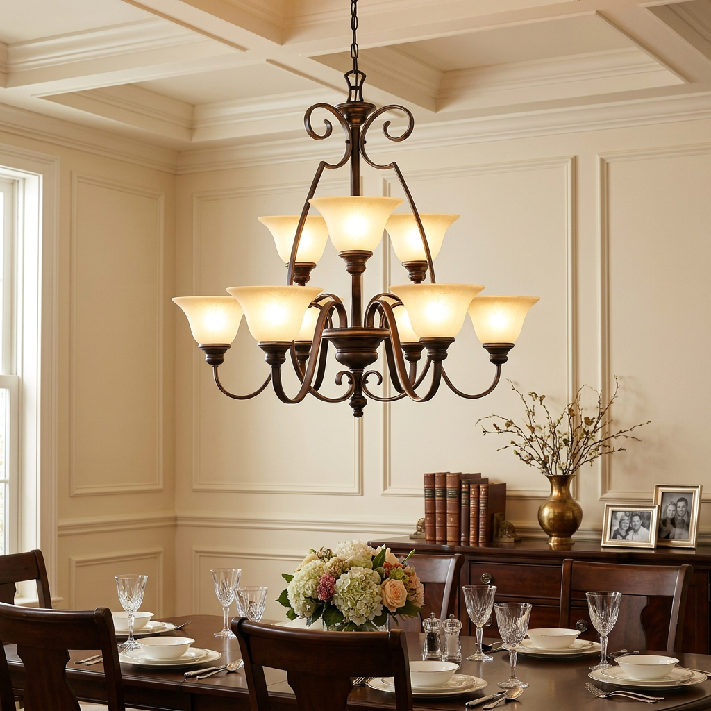 Hinkley Cello antique bronze 9-light chandelier with frosted glass shades hanging in a formal dining room.