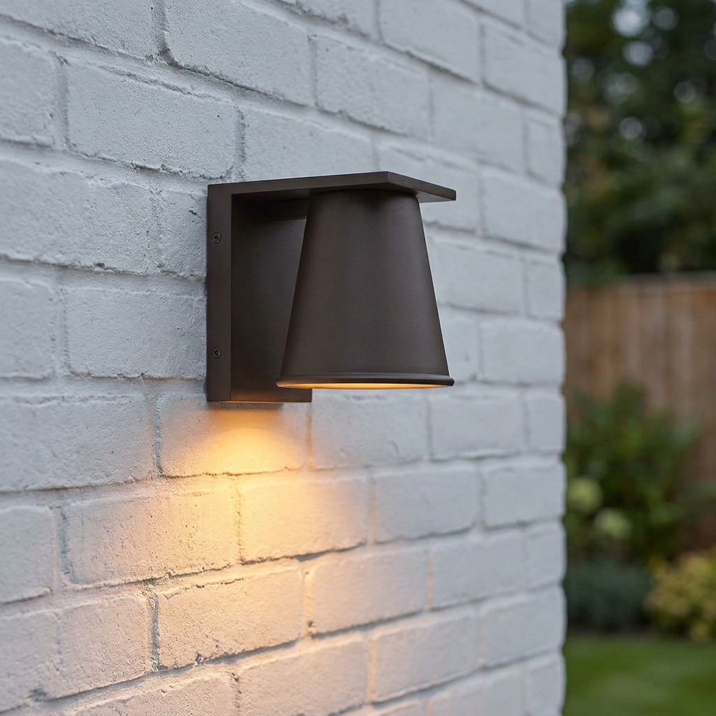 A bronze conical outdoor wall lantern mounted on a white brick wall, casting a warm downward glow.