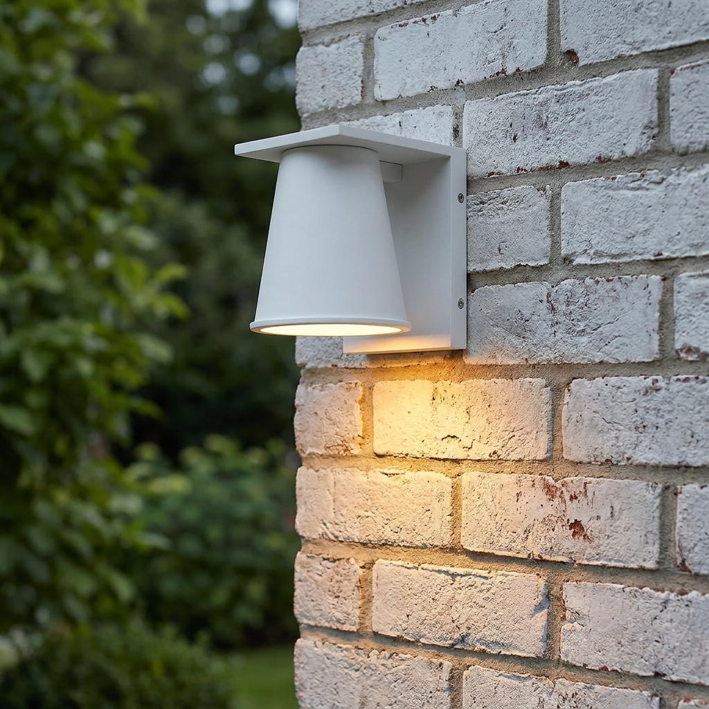 A modern white cone-shaped outdoor wall lantern illuminates a white brick wall with a warm downward glow.