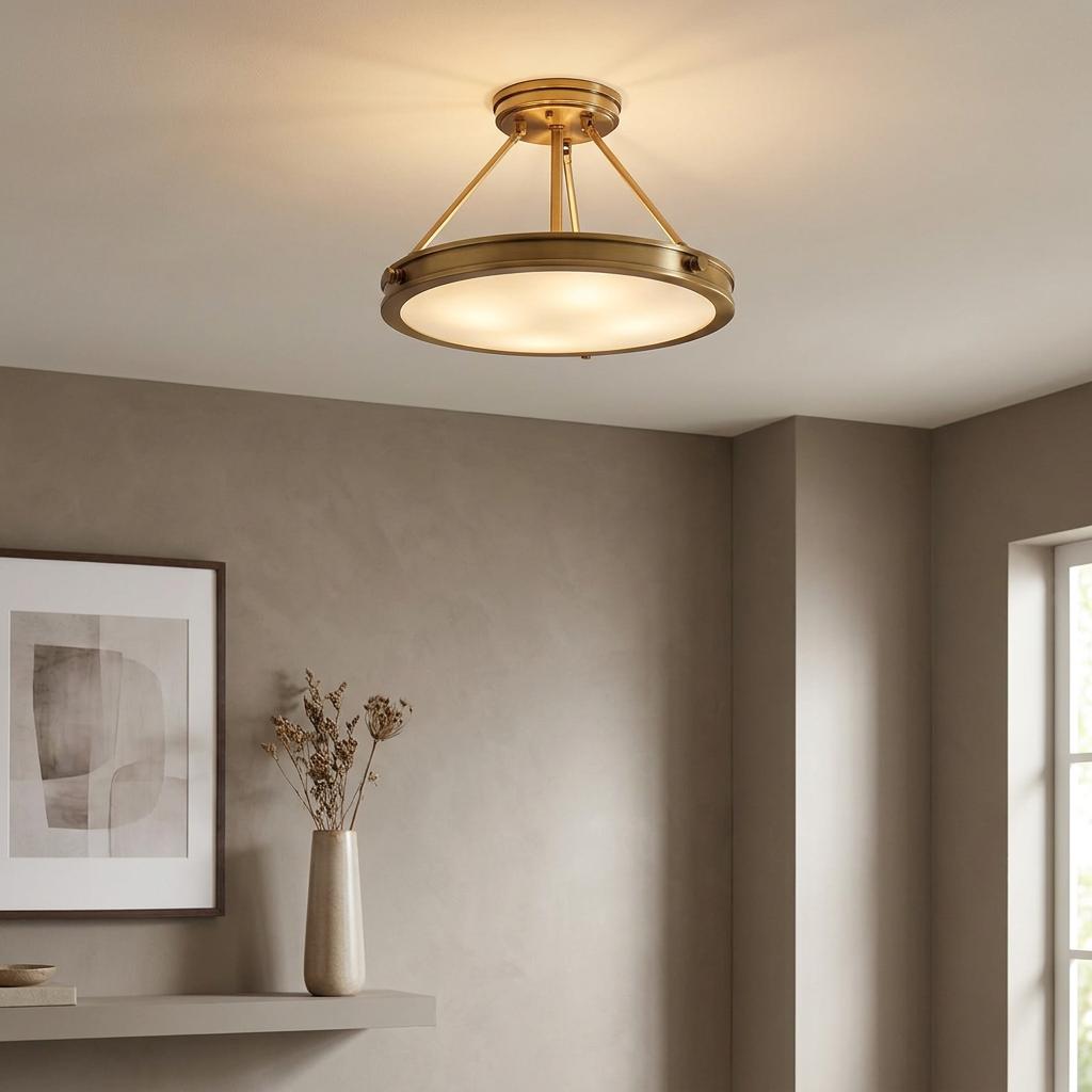 Hinkley Collier 3 Light semi-flush brass ceiling light illuminating a modern neutral-toned room.