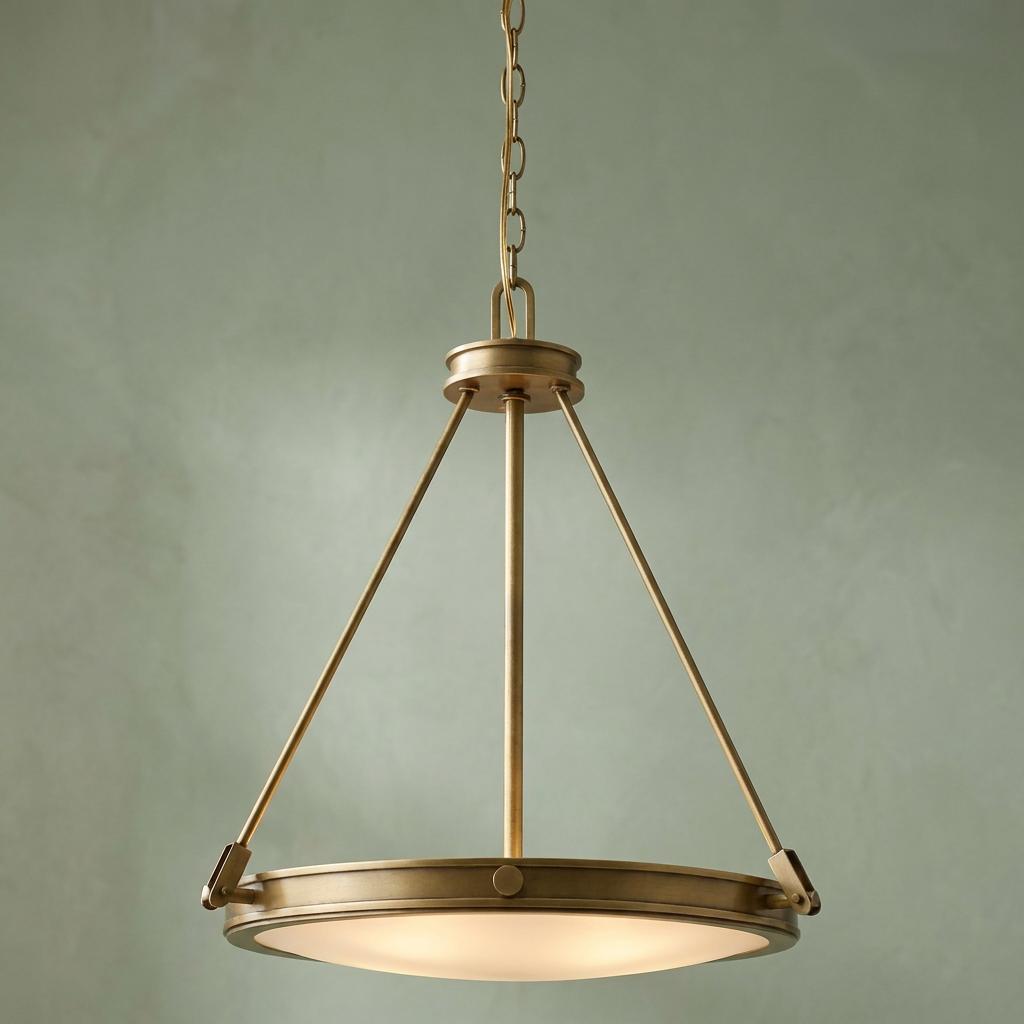 Heritage brass pendant ceiling light with a circular opal glass shade and tripod frame against a textured wall.