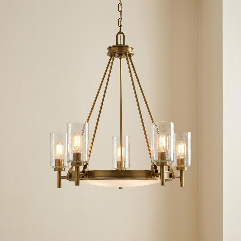 Heritage brass chandelier with five seeded glass cylinders and a central opal glass diffuser.