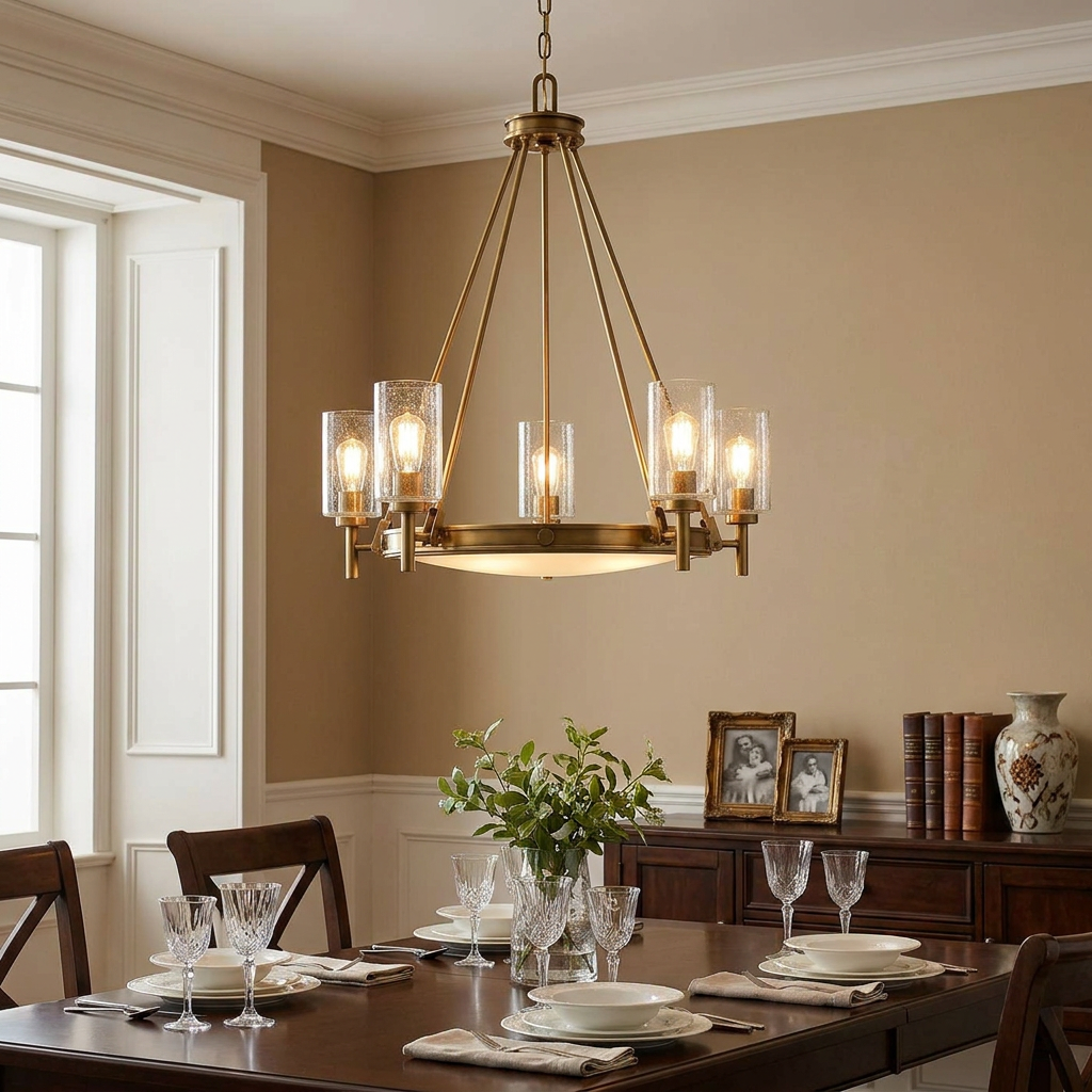 Five-light heritage brass chandelier with seeded glass shades suspended over an elegant dining room table.
