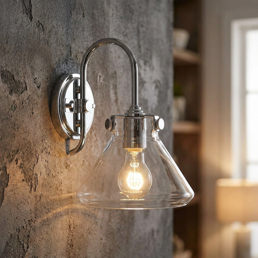 Hinkley Congress wall light with chrome finish and clear glass shade, mounted on a textured wall.