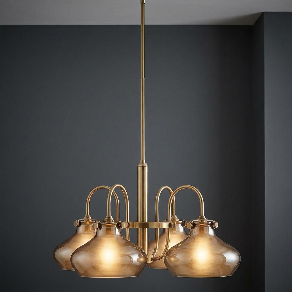Four-light chandelier in brushed caramel with glowing amber glass shades against a dark grey wall.