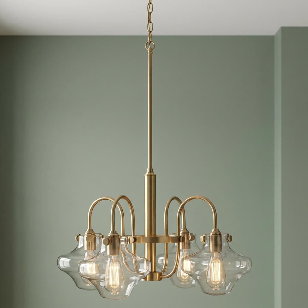 Hinkley Congress brushed brass chandelier with four clear glass shades and Edison bulbs against a sage green wall.