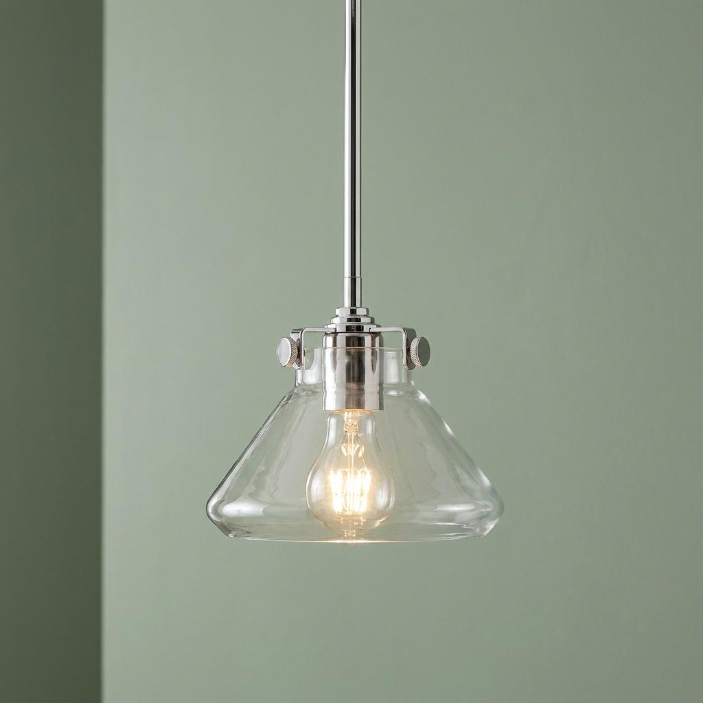 Hinkley Congress chrome pendant light featuring a clear glass tapered shade and glowing bulb against a green wall.