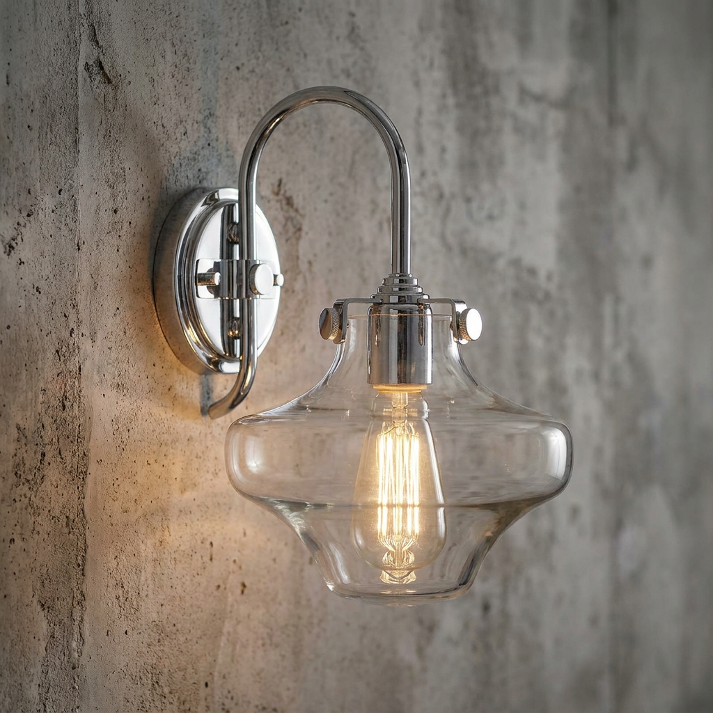 Hinkley Congress chrome wall light with a clear glass schoolhouse shade and vintage bulb on a concrete wall.
