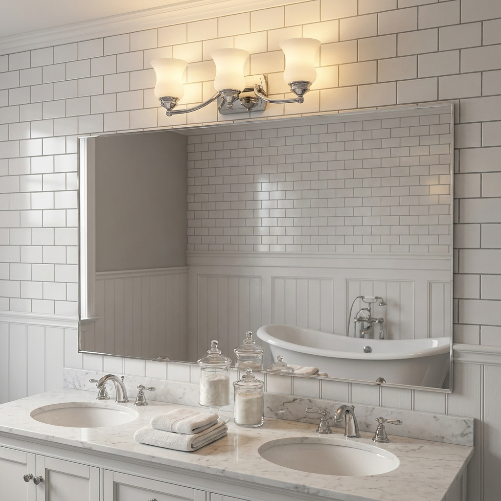 Three-light polished chrome bathroom wall light with white tulip shades mounted above a large vanity mirror.