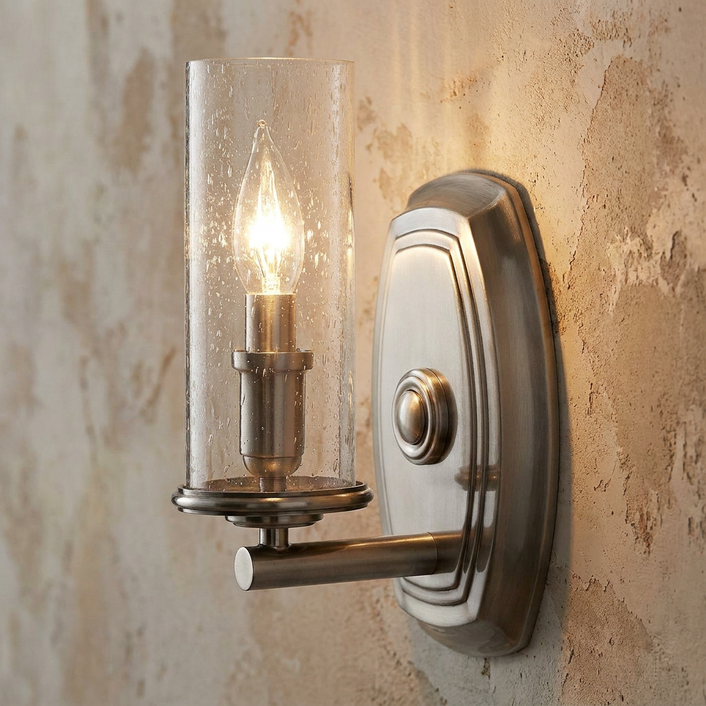 Polished antique nickel wall sconce with a cylindrical seeded glass shade and a warm candle bulb.