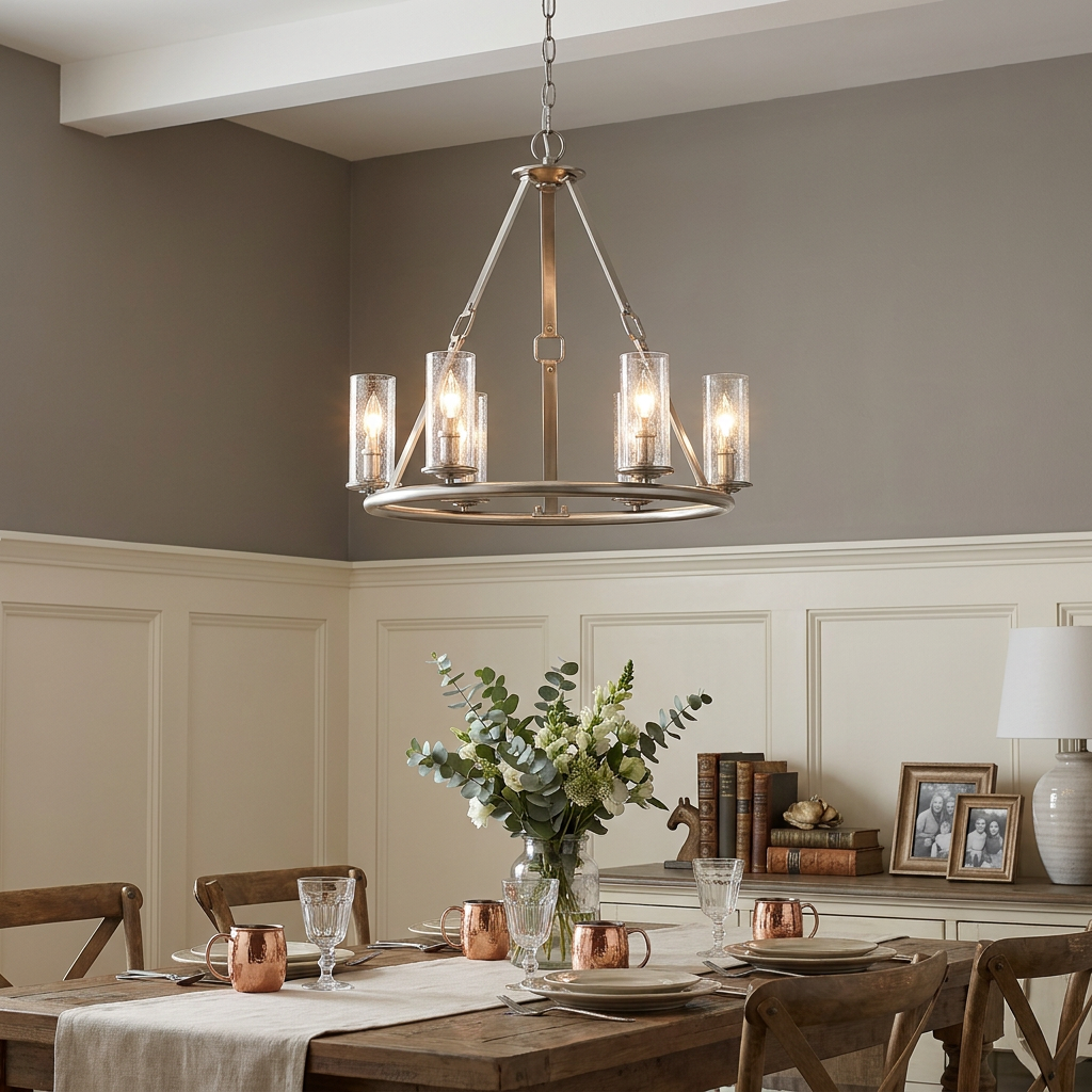 A 6-light polished antique nickel chandelier with seeded glass shades hangs above a rustic dining table.