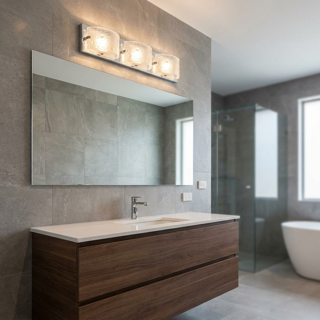 Hinkley Daphne 3-light chrome vanity fixture with textured glass shades above a mirror in a modern grey bathroom.
