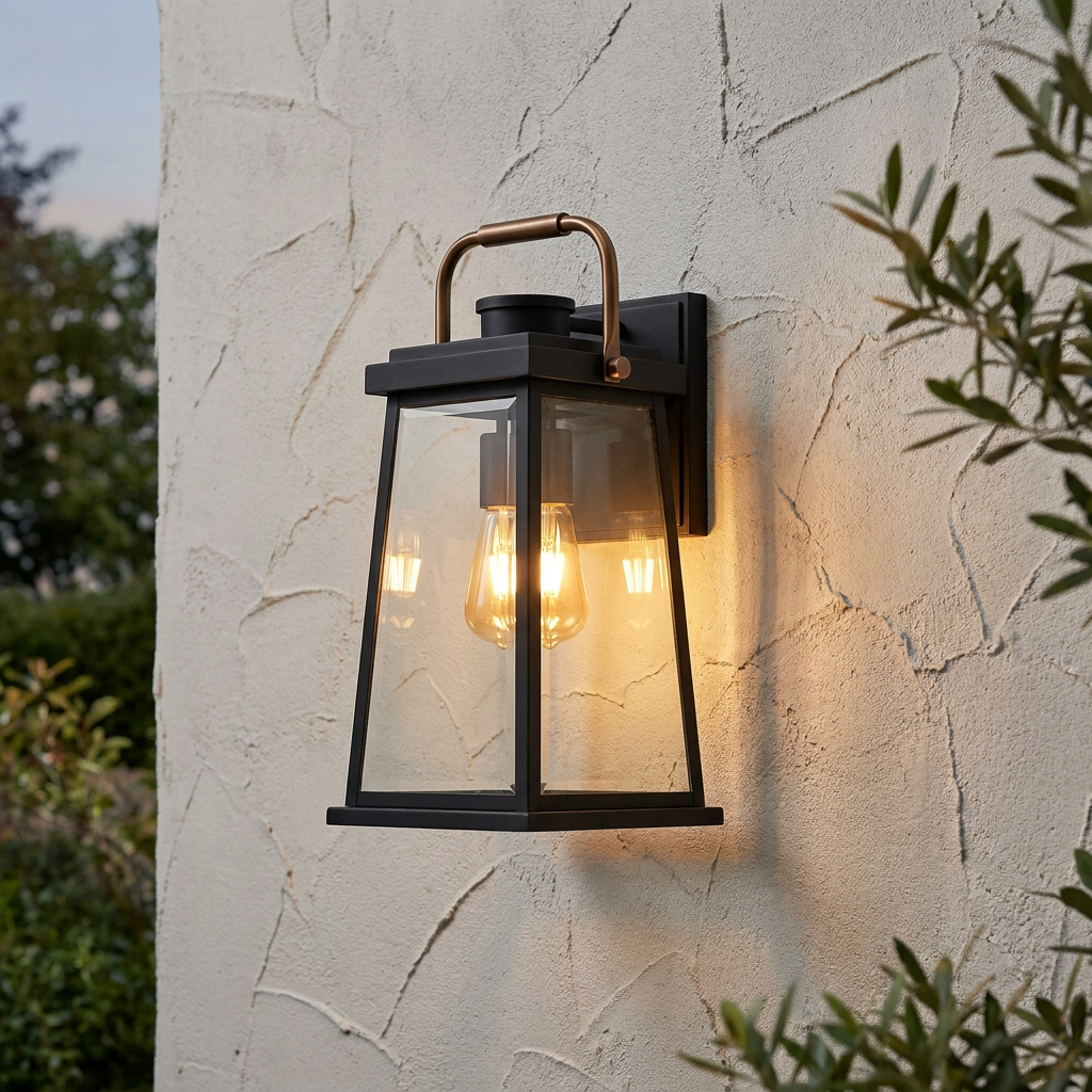 Black outdoor wall lantern with a bronze handle and glowing Edison bulb on a textured white wall.