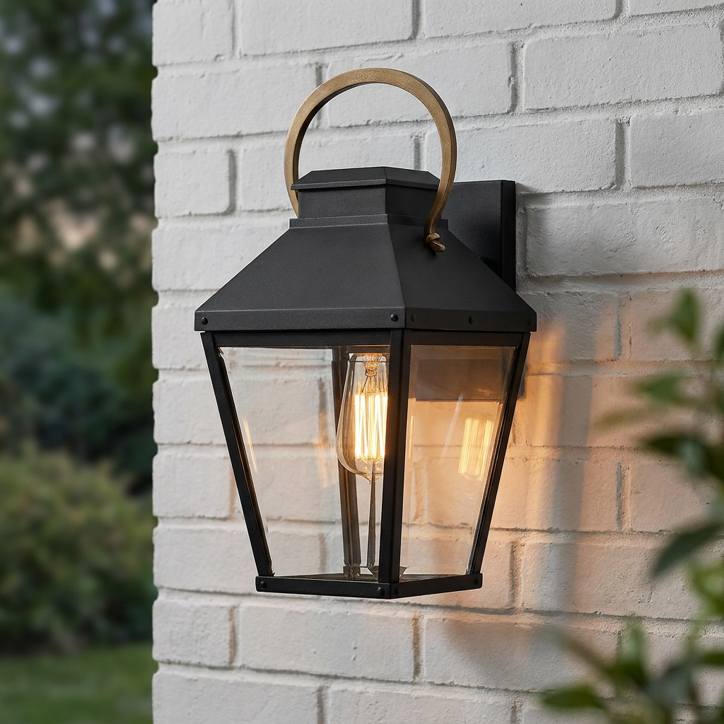 Black outdoor lantern with a brass handle and lit Edison bulb mounted on a white brick wall.