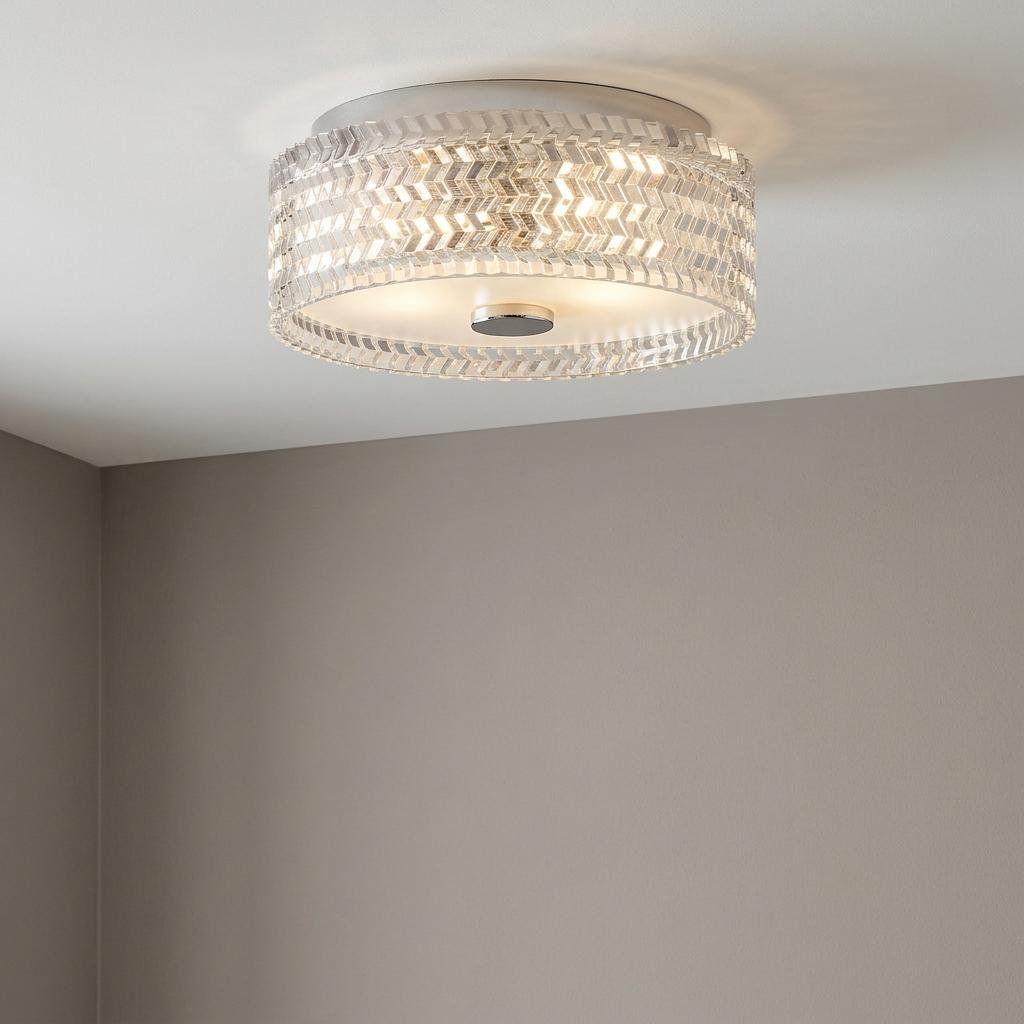 Hinkley Elle Chrome small flush ceiling light with a chevron-patterned crystal shade, mounted on a white ceiling.