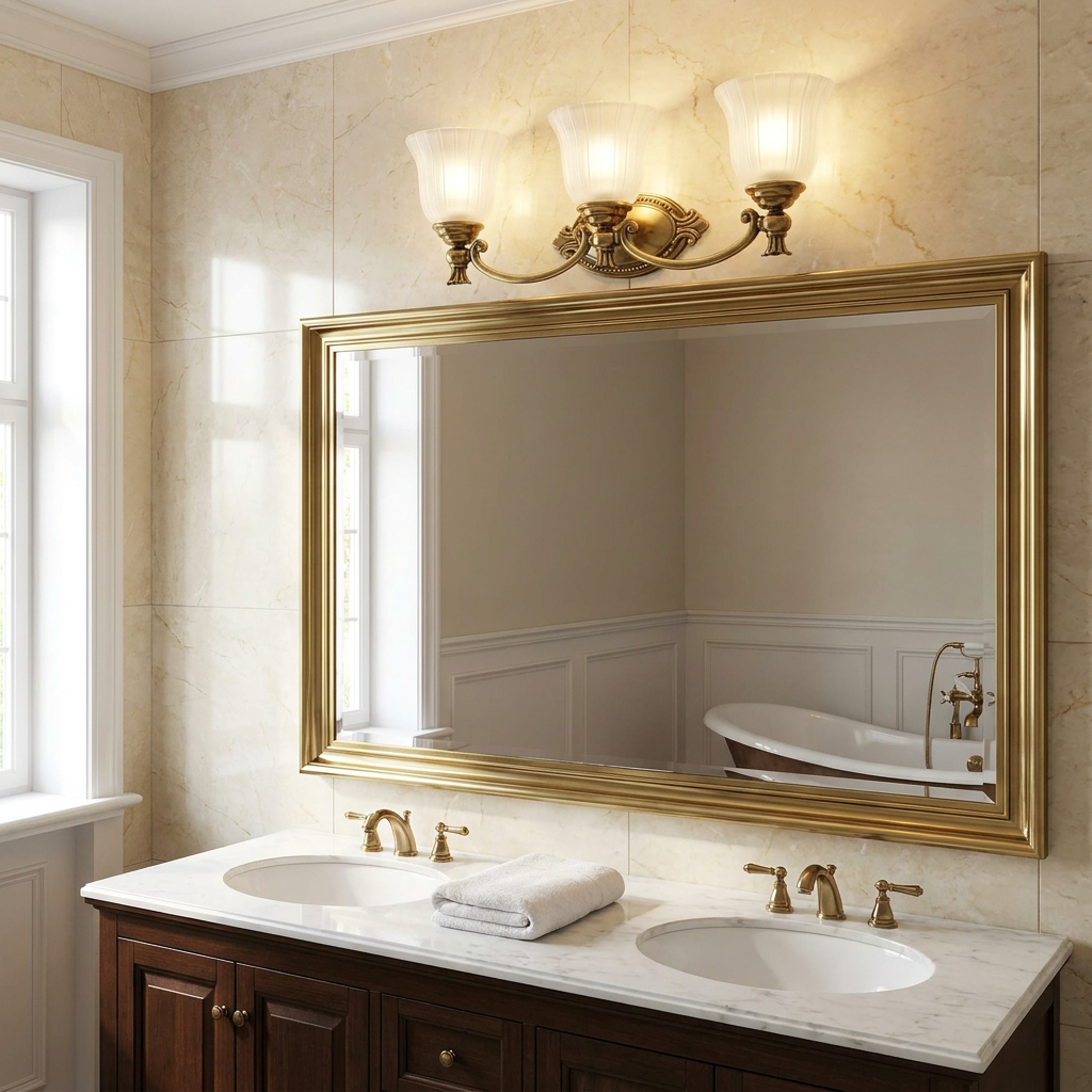 Ornate solid brass three-light wall fixture with fluted glass shades above a large gold-framed vanity mirror.